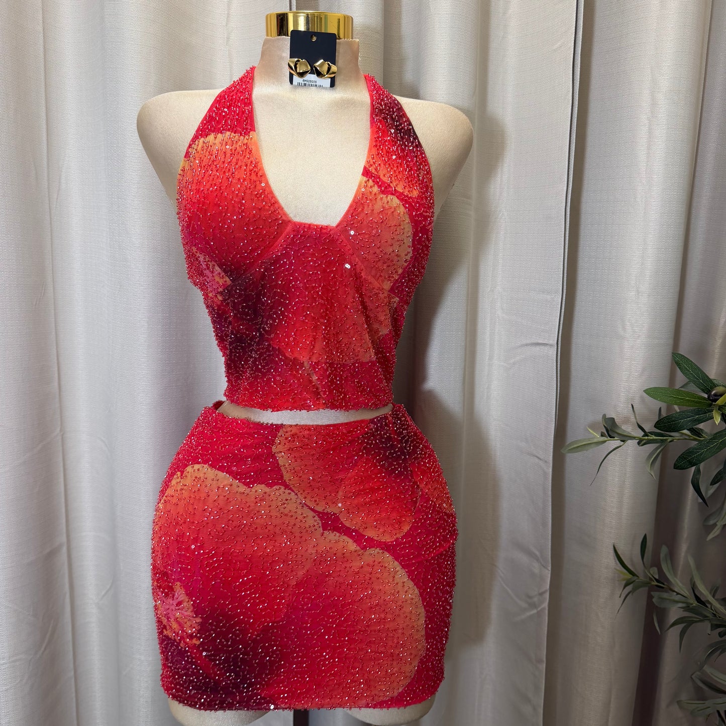 Mesh Two Piece V-neck Halter top Skirt Set-Pink/Orange