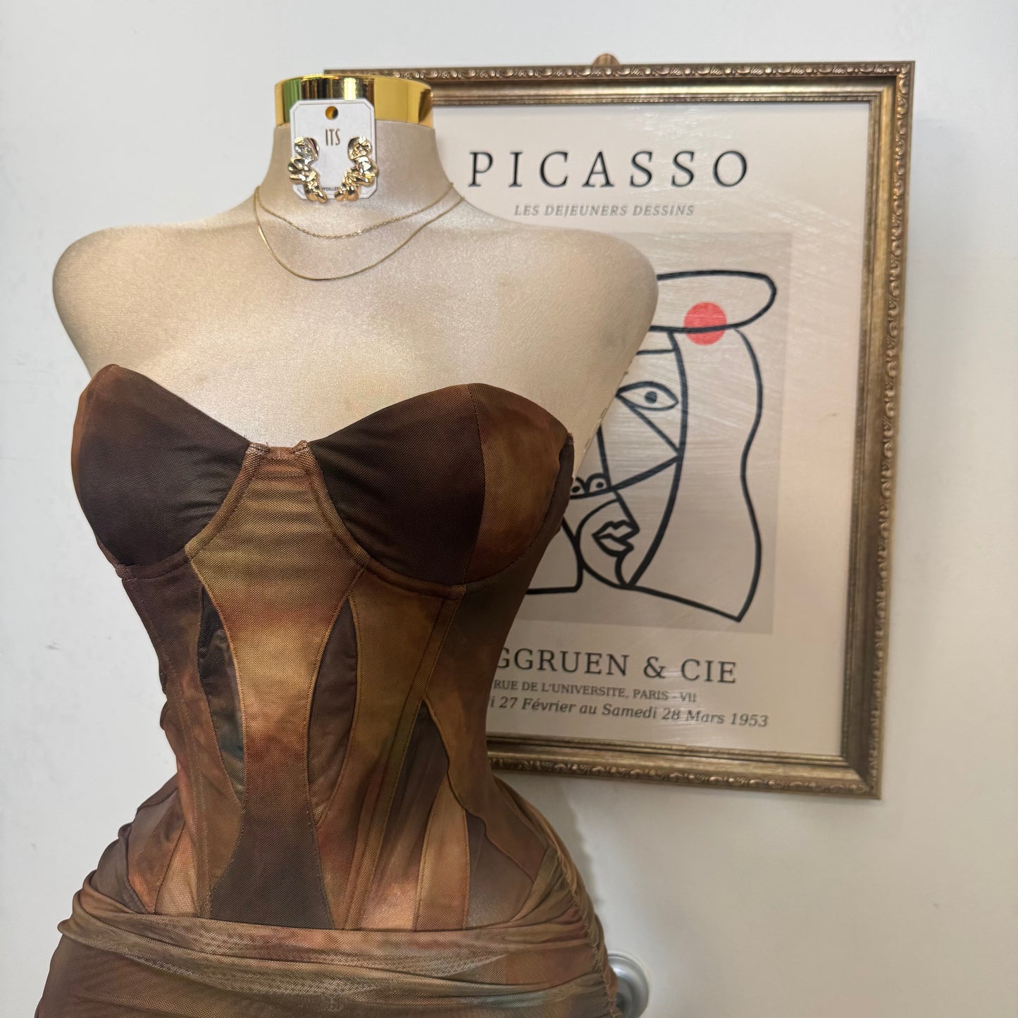 Corset Mesh Mini Dress-Green