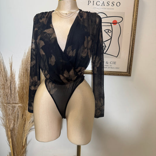 Printed Mesh Surplice Bodysuit-Black