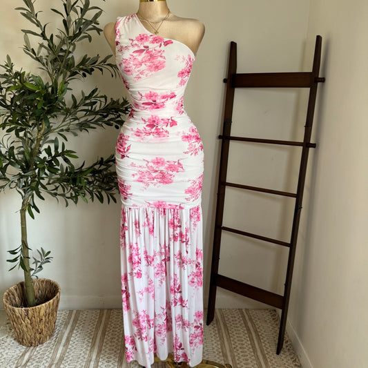 One Shoulder Mesh Maxi Dress-Pink/White