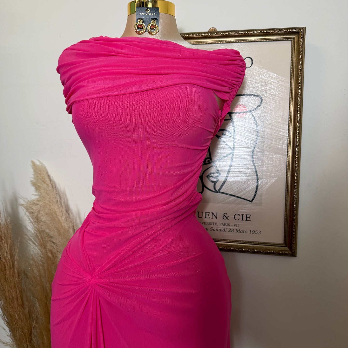Maxi Mesh Dress Detail in the front -Hot Pink