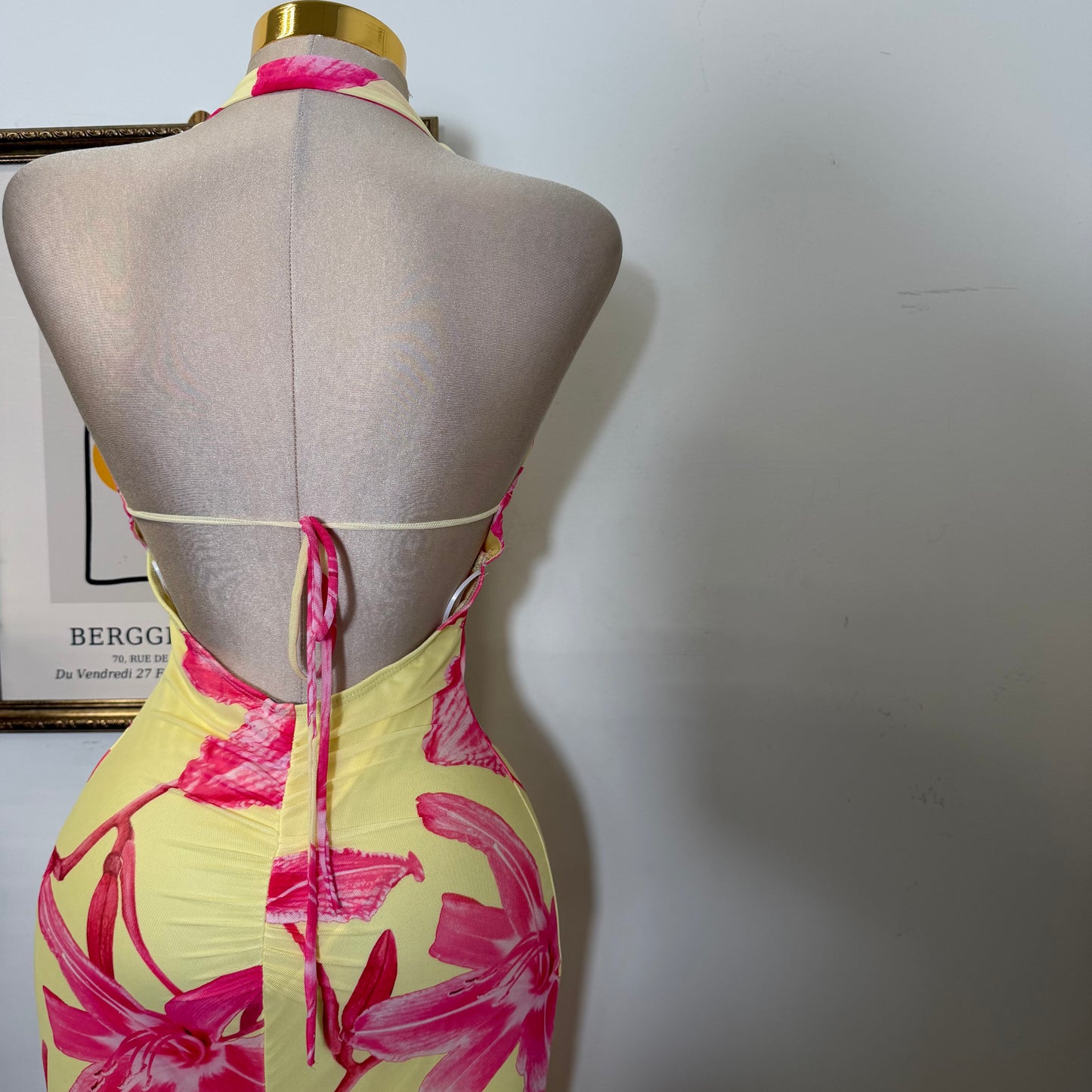 Halter Mesh Open Back Dress-Yellow Combo