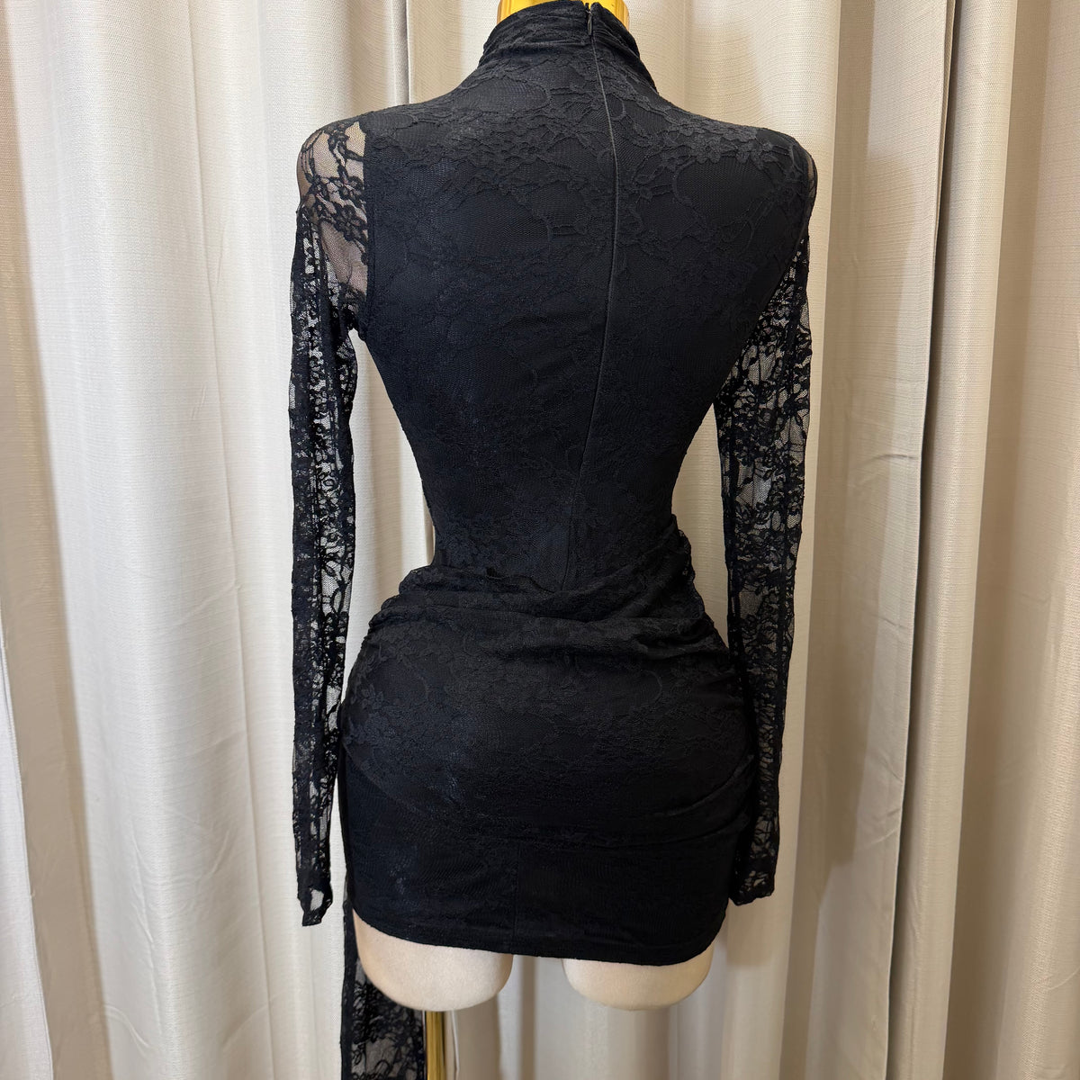 Long Sleeve lace front  Sash With Trim Detail Mini Dress-Black