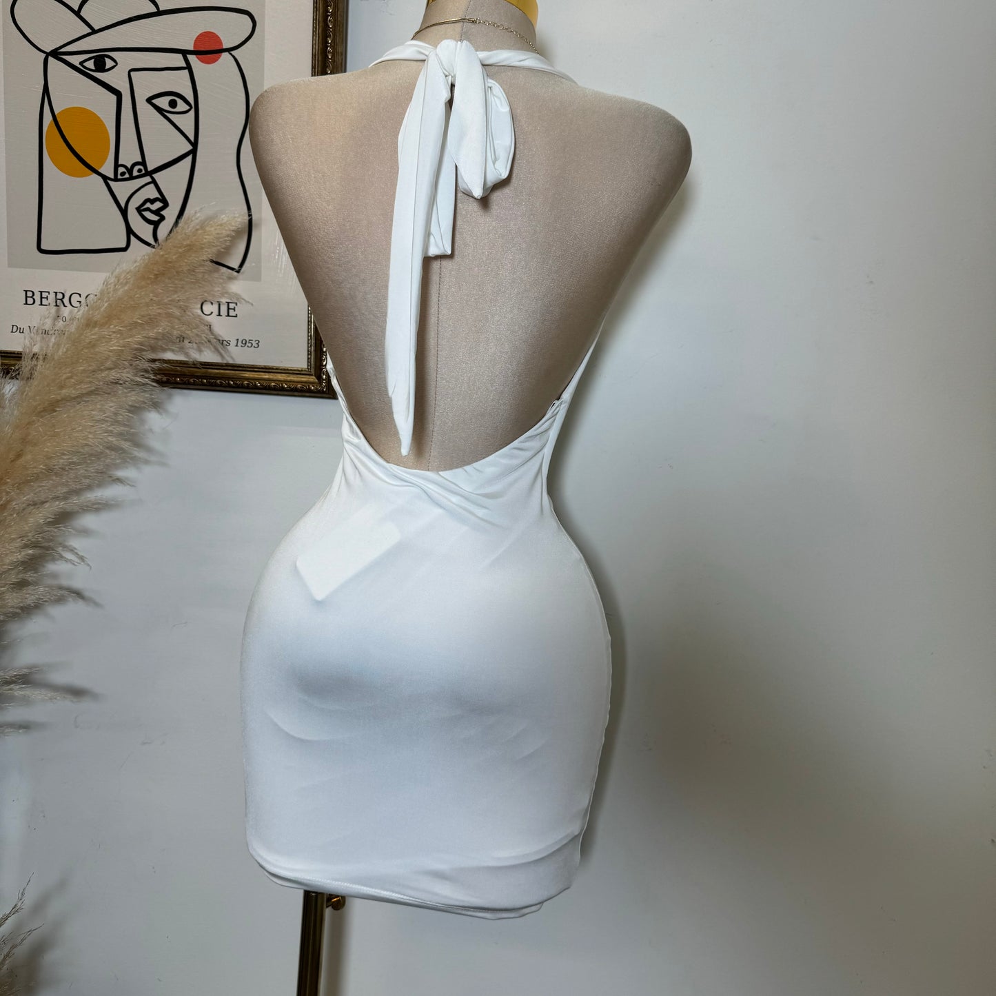 Cowl Halter Mesh Dress-White
