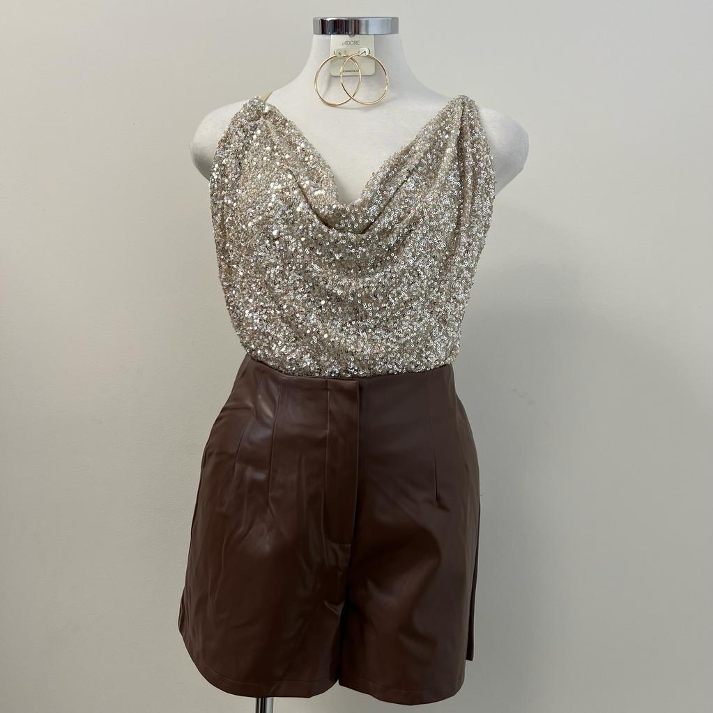 Iris Cowl Neck Sequin Top- Cream