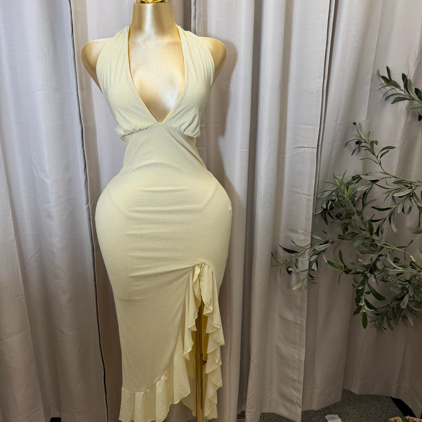 Glitter Halter Ruffle Slit Maxi Dress-Yellow