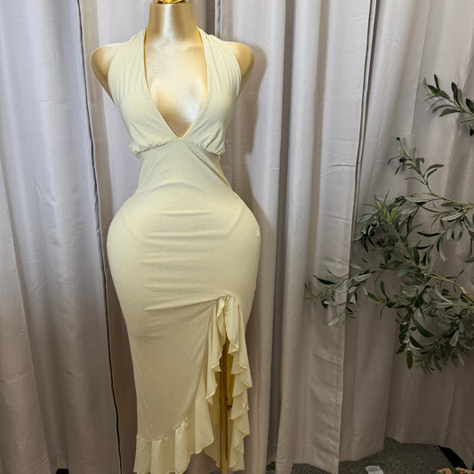 Glitter Halter Ruffle Slit Maxi Dress-Yellow