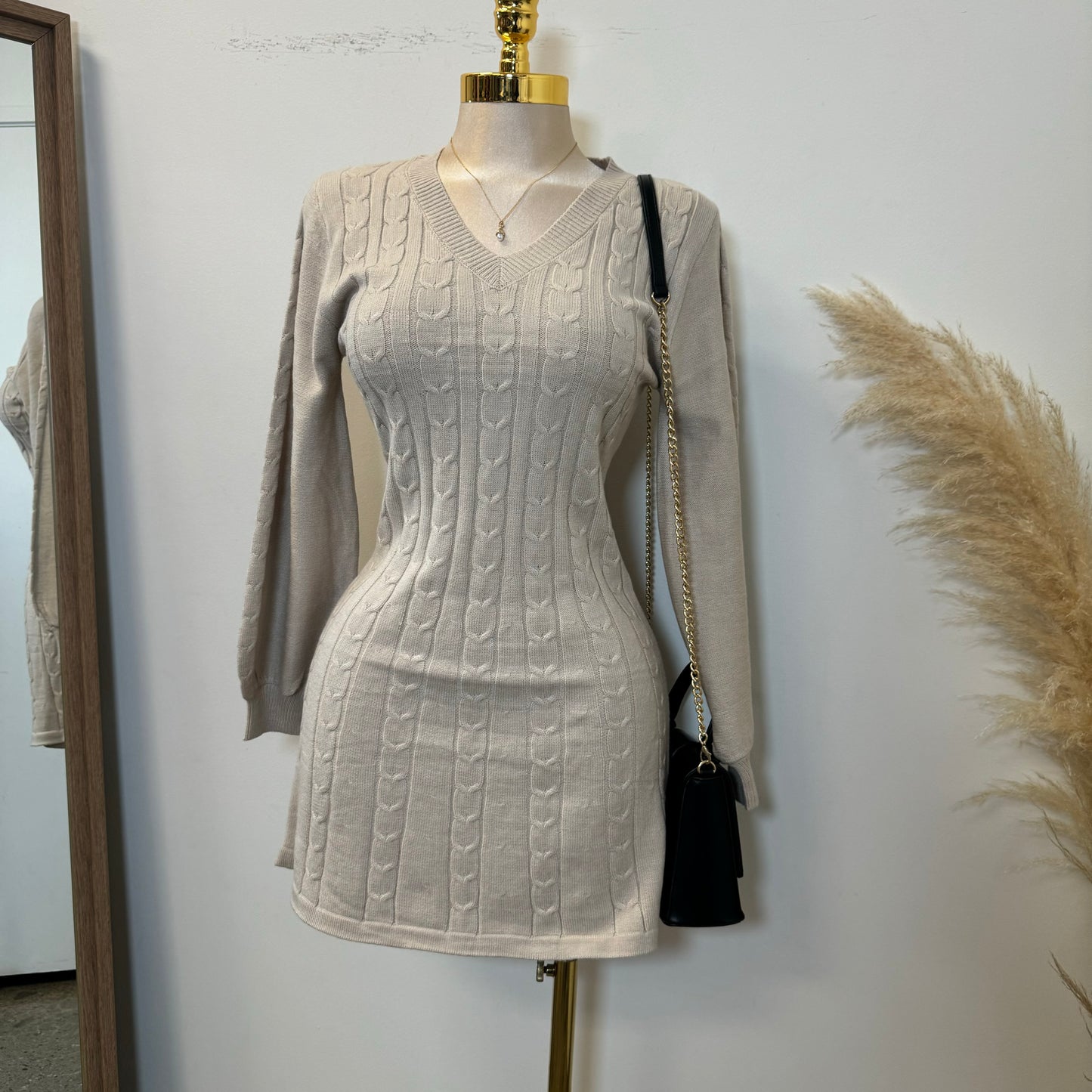 Rylee V Neck Sweater Dress-Ivory