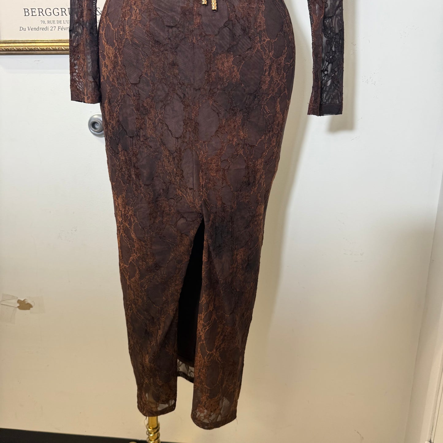 Tie Back Burnout Mesh Print Long Sleeve Maxi Dress-chocolate