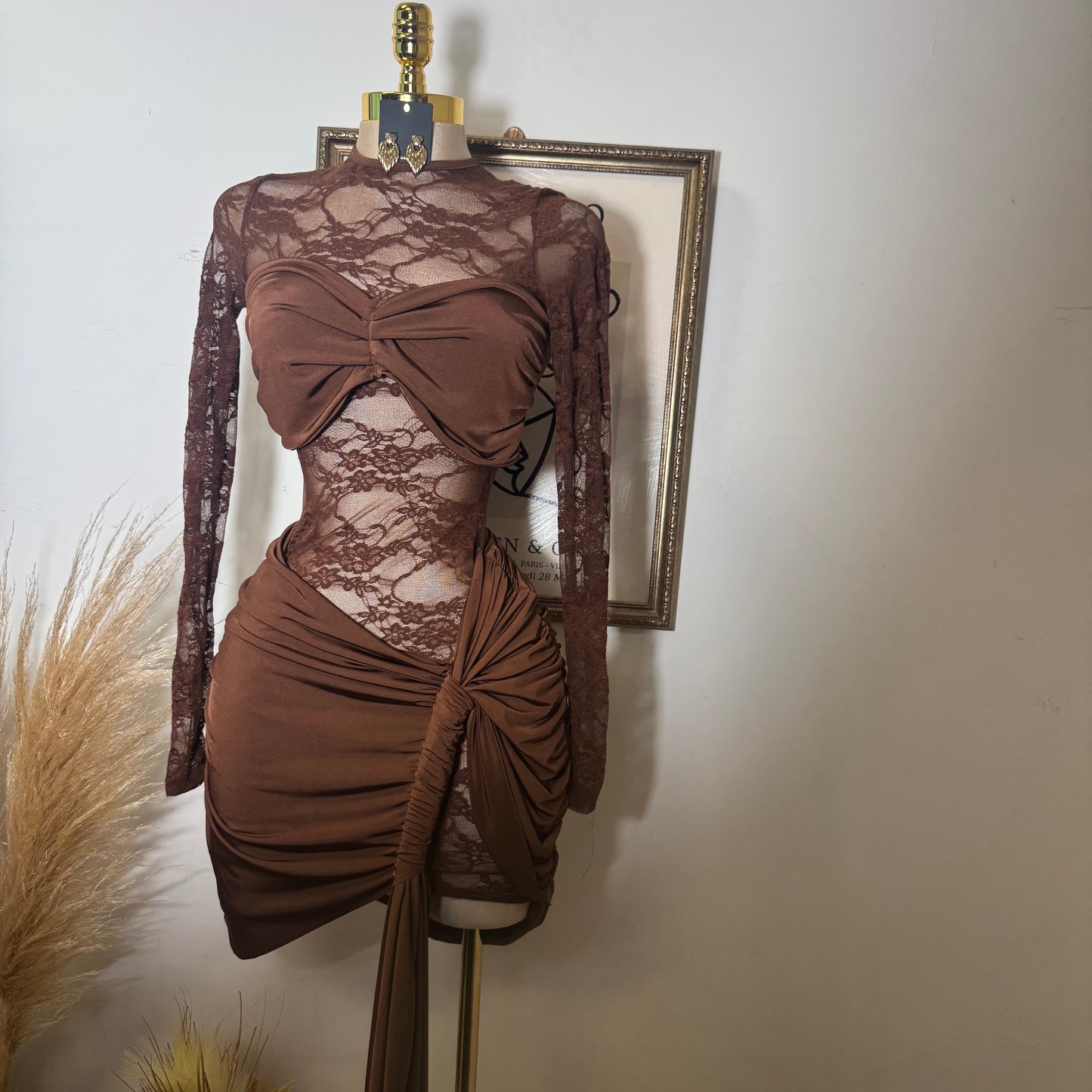 Long sleeve Lace Dress-Brown