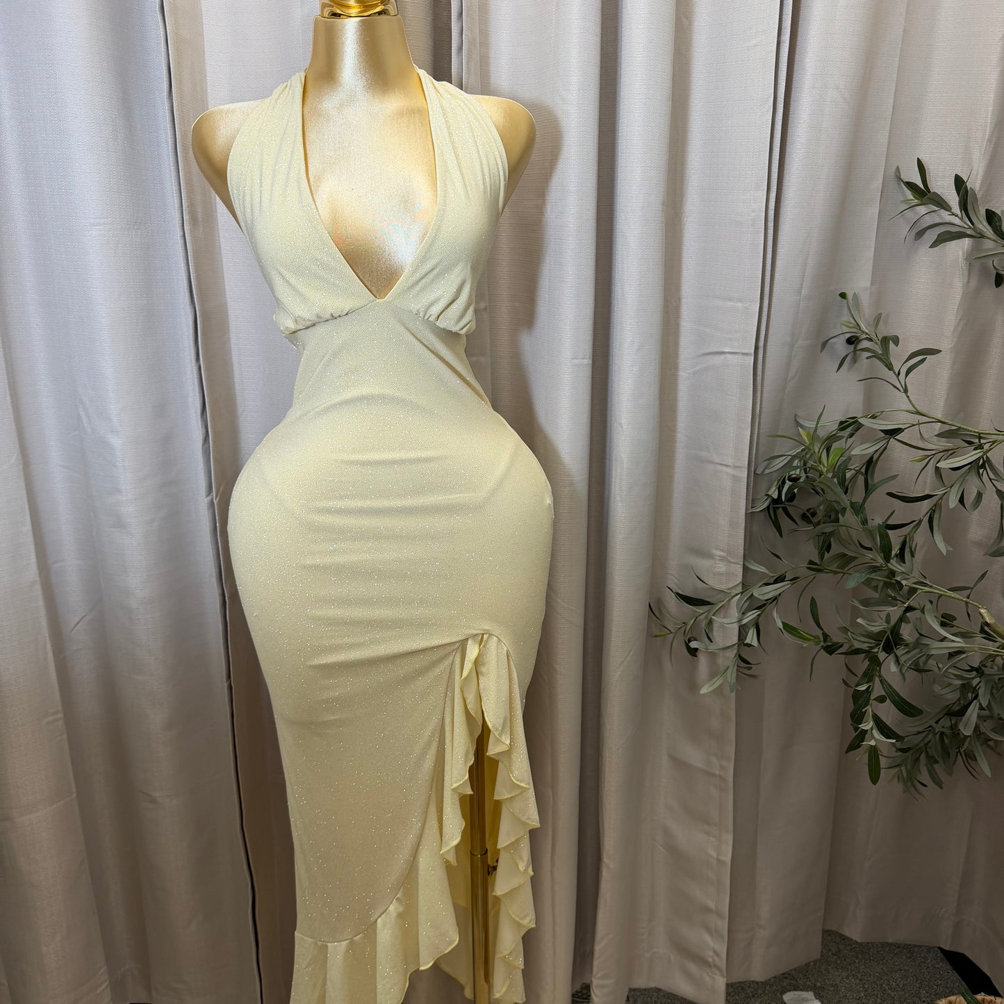 Glitter Halter Ruffle Slit Maxi Dress-Yellow