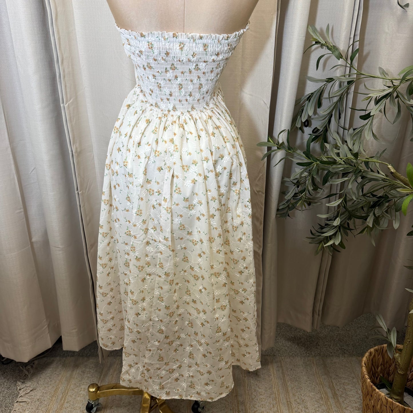 Strapless Floral Midi Dress-White/Yellow