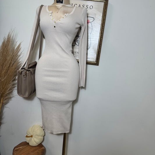 Henly Sweater Knit Long Sleeve Midi Dress-Cream