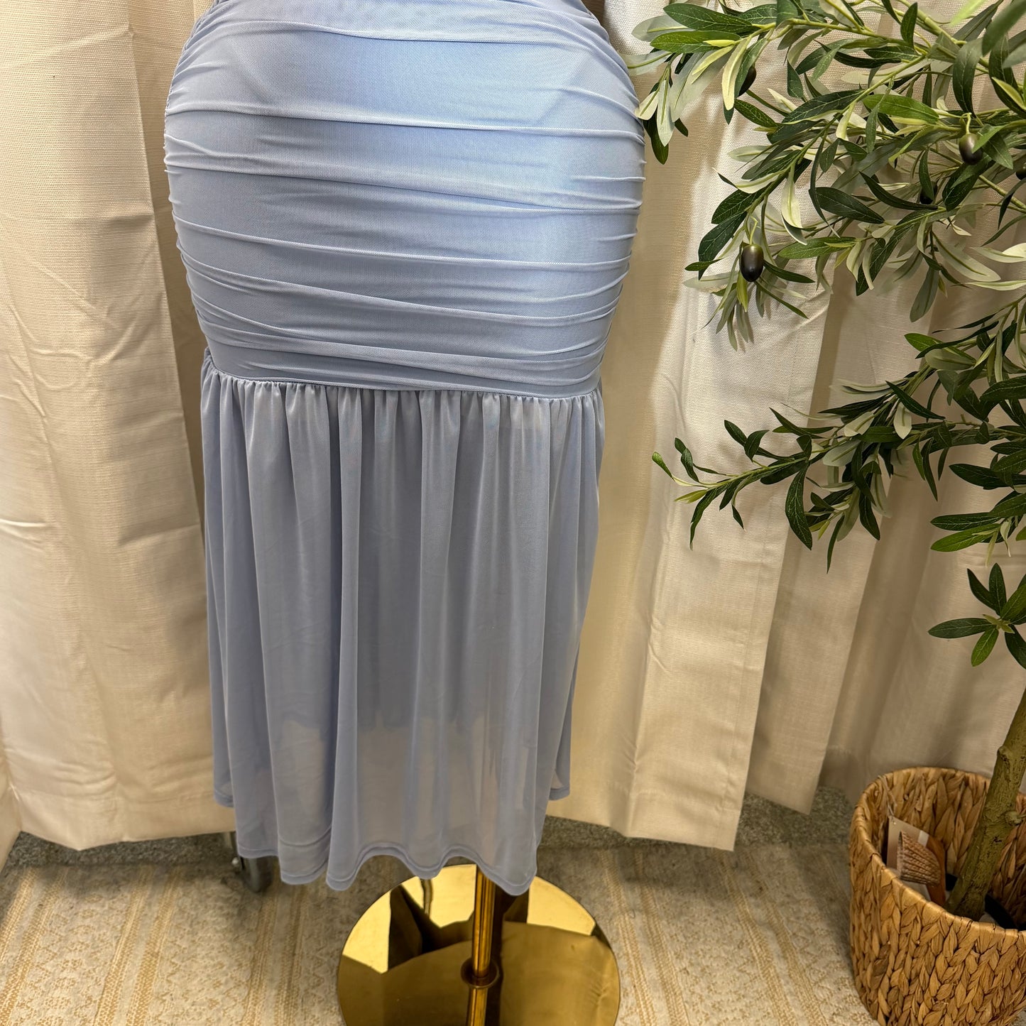 Mesh & Knit Mix Long Dress-Light Blue