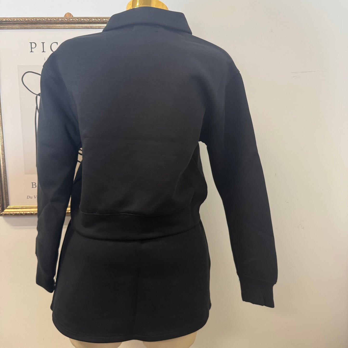 Long Sleeve Embellish scuba Polo Set-black