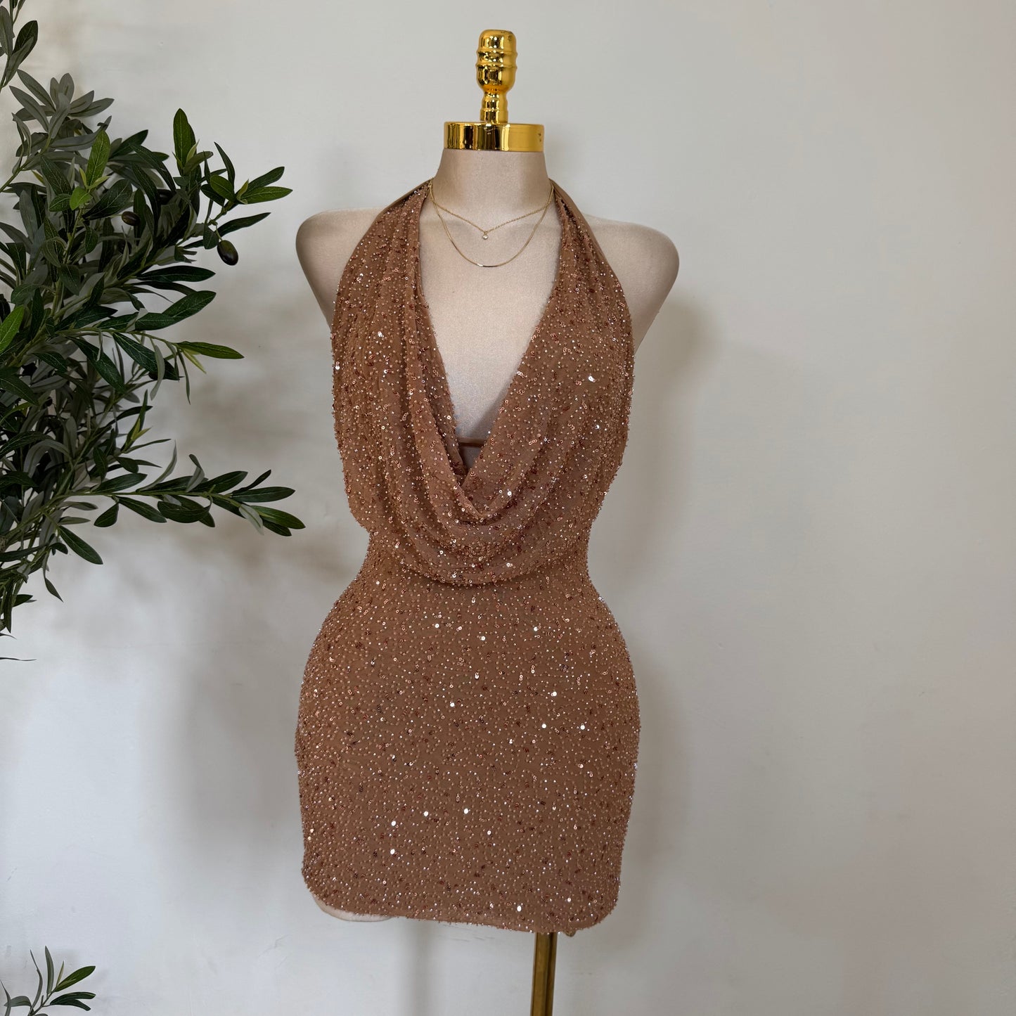 Cowl Sequins Dress-Mocha