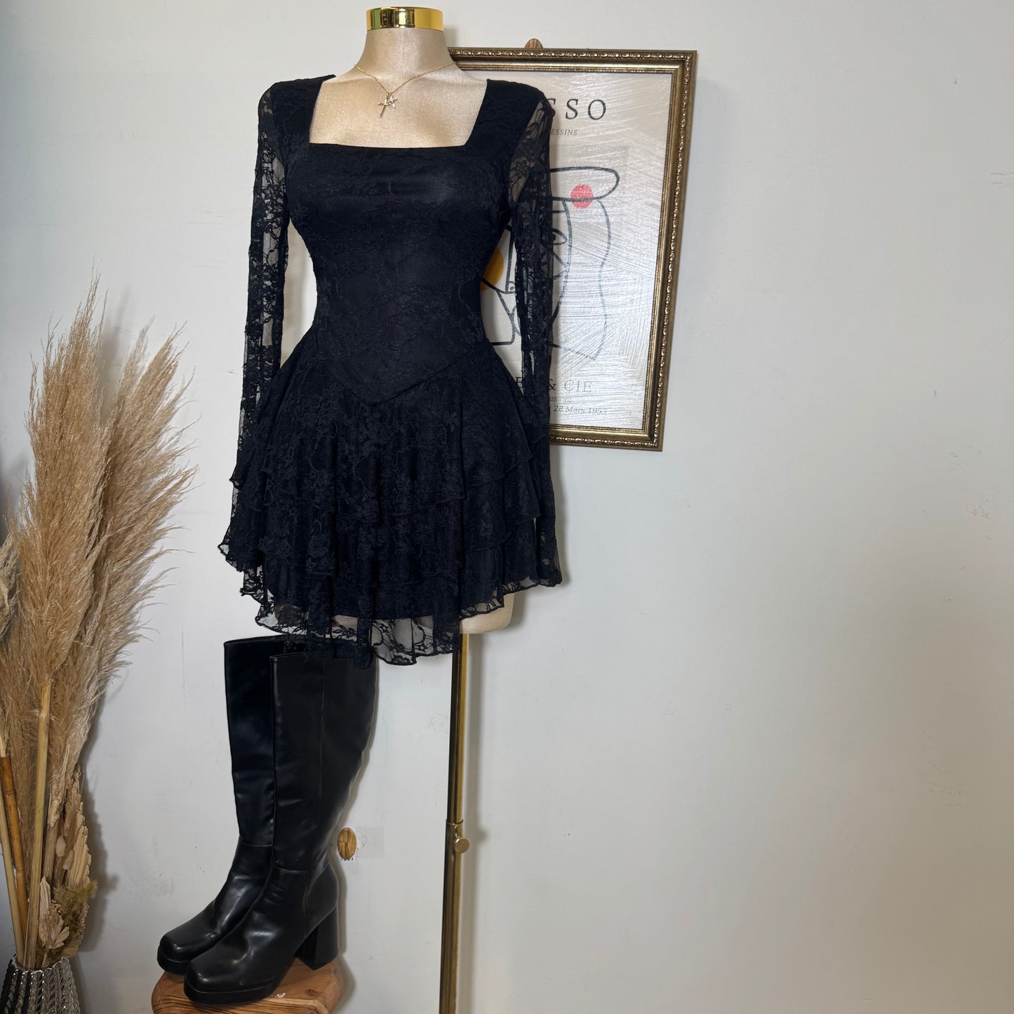 Lace Long Sleeve Ruffle Layered Mini Dress-Black