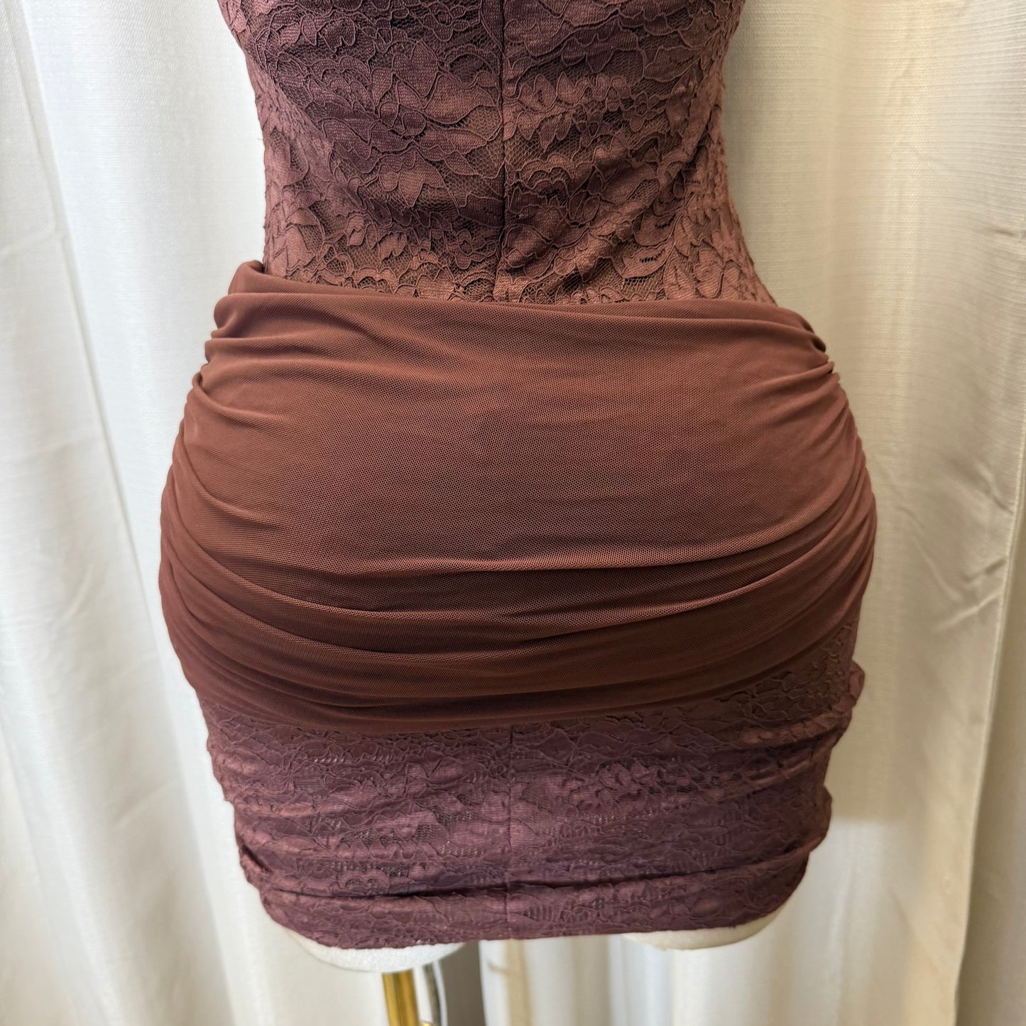 Halter Lace Gold Detail Mini Dress-Brown