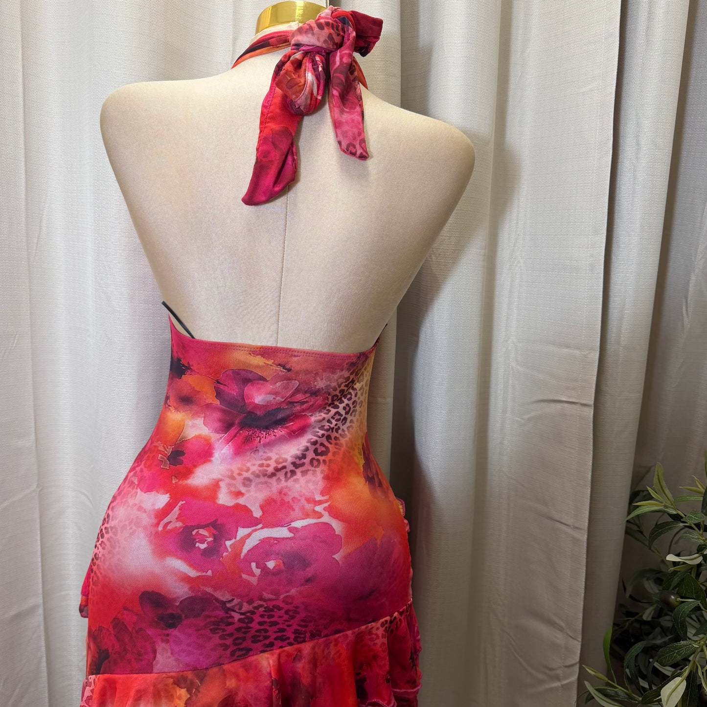 Floral Cheetah Halter Ruffle Asymmetrical Mini Dress-Pink