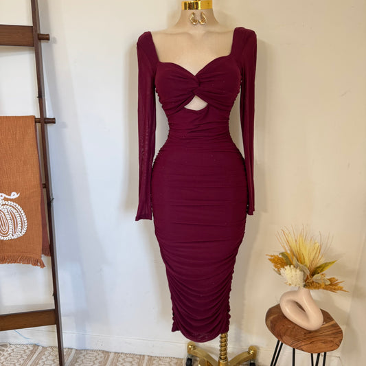 Sweet Heart Long Sleeve Rucing Rhinestone Midi Dress- Burgundy