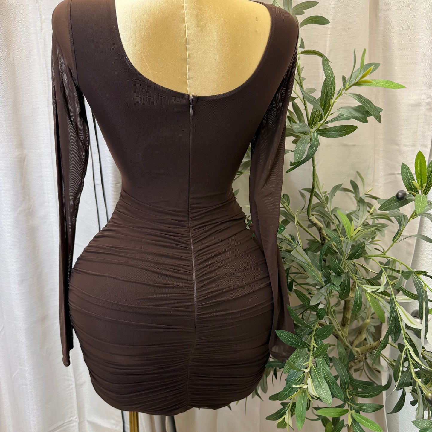 Ruched Mini Long Dress-Coffee Bean /Brown