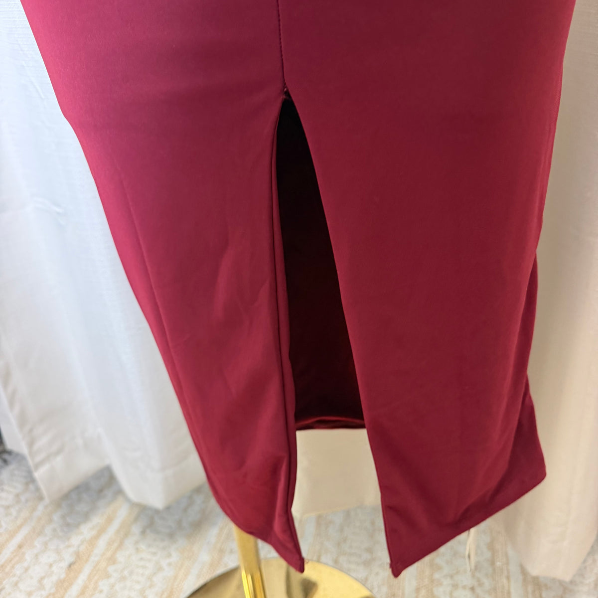 Solid Shirring Midi Dress-Burgundy