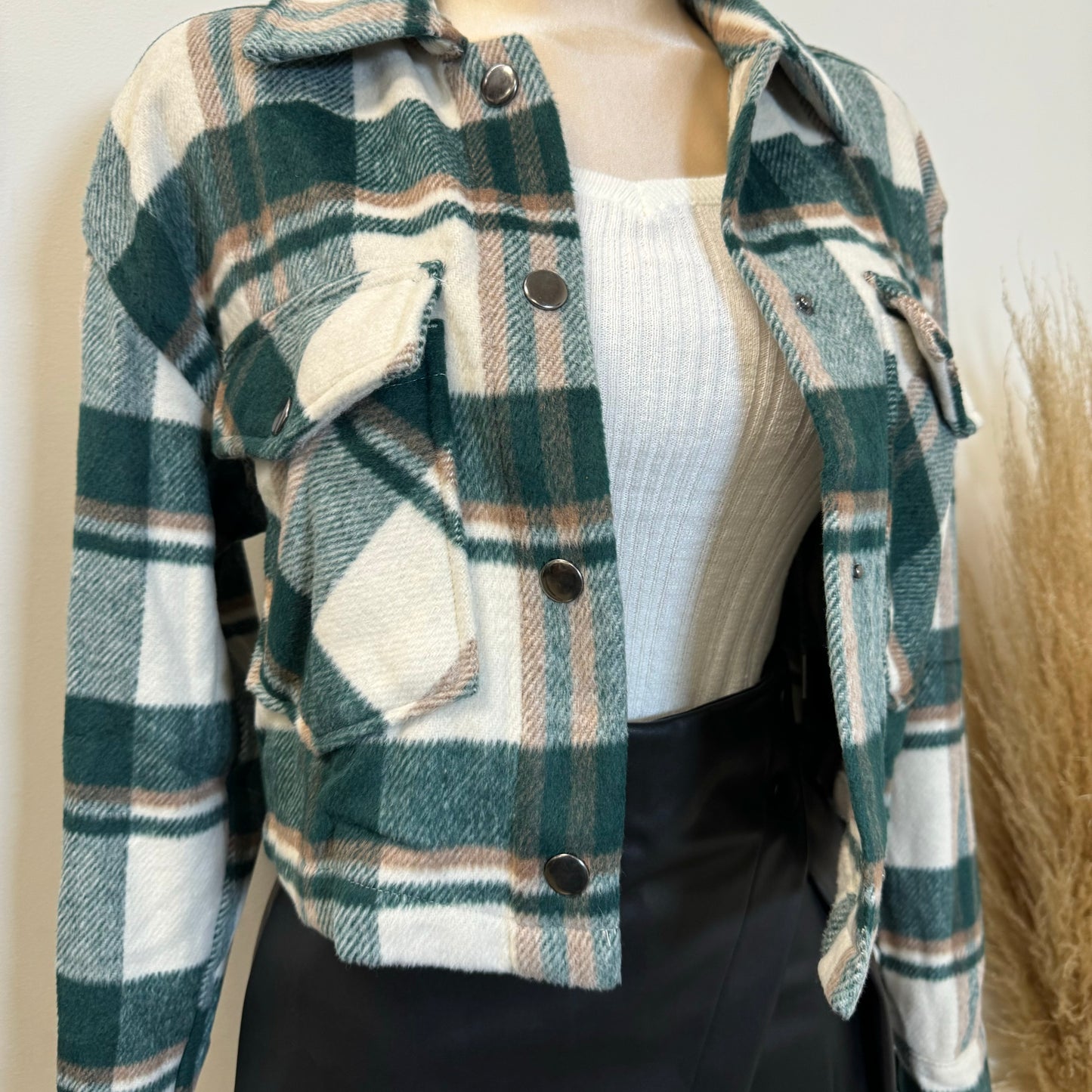 Aisha Crop Plaid Jacket-Hunter Green