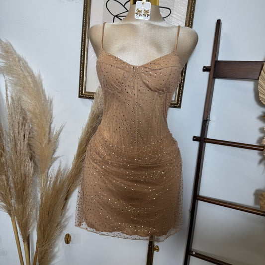 Rhinestone On Overlay Mesh Mini Dress SweetHeart Neckline Adjustable spaghetti Shoulder-Gold