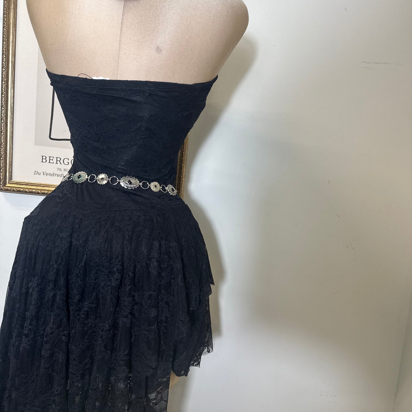 Lace Double Layer Ruffle Asymmetrical Maxi Dress-Black