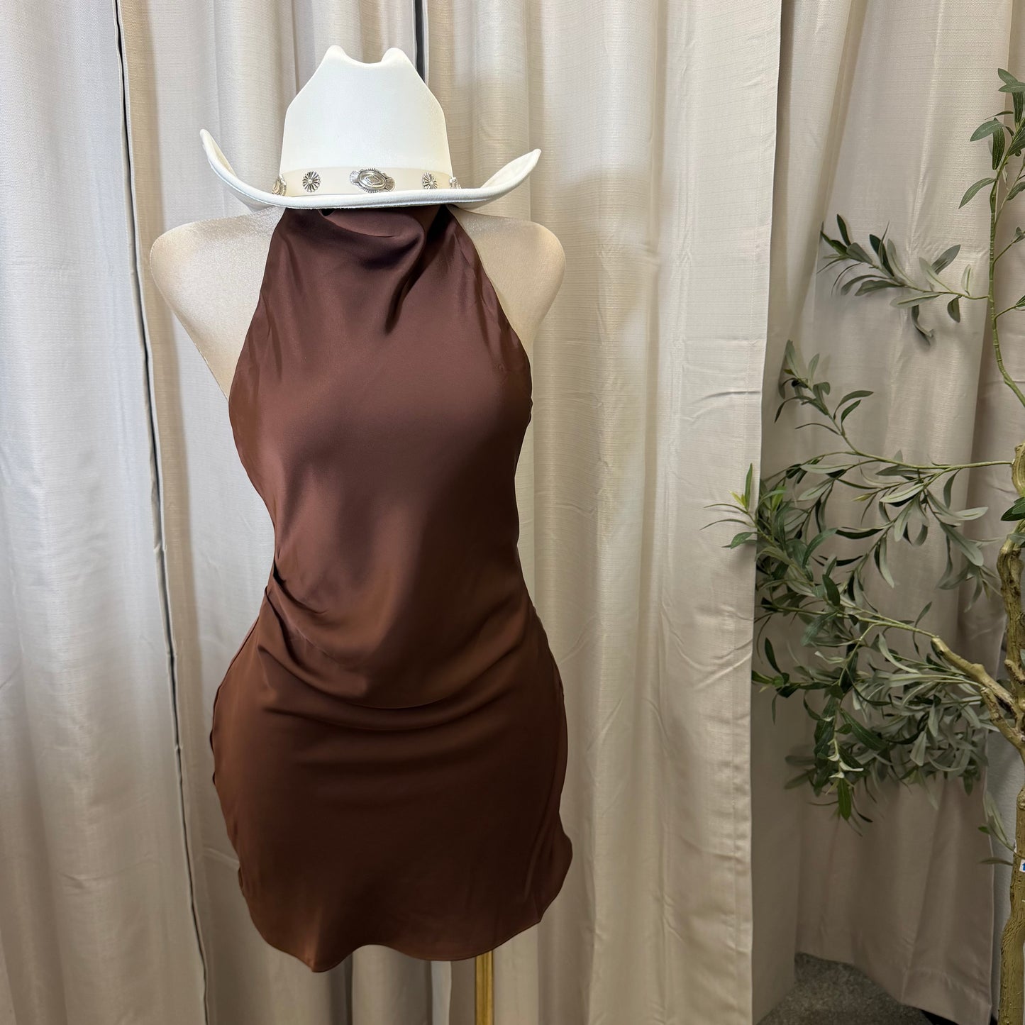Satin Cowl Halter Neck Dress-Brown