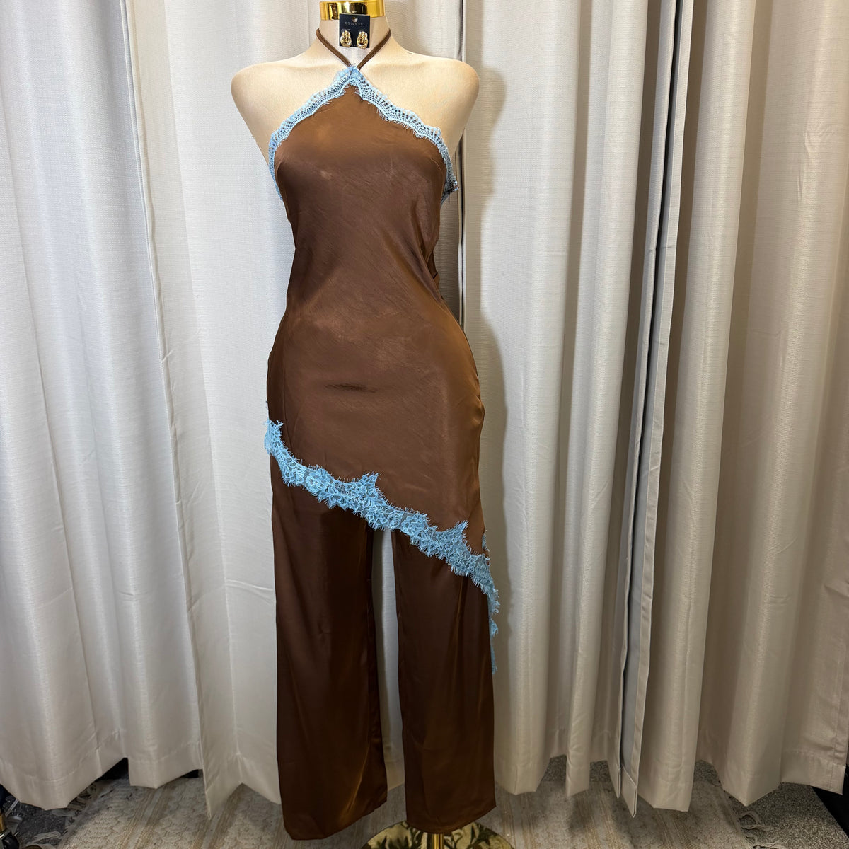 Contrast Lace Trim Satin Halter Jumpsuit-Brown/Blue
