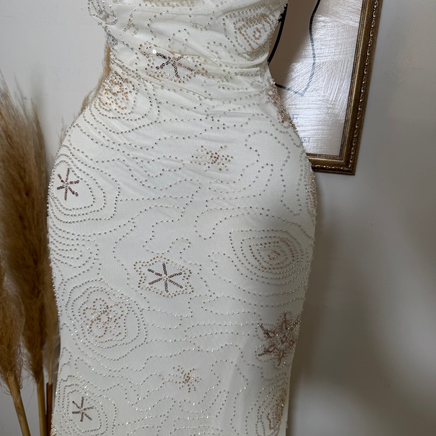 Halter Neck Lace Up Back Detail Mermaid Midi Dress-Cream