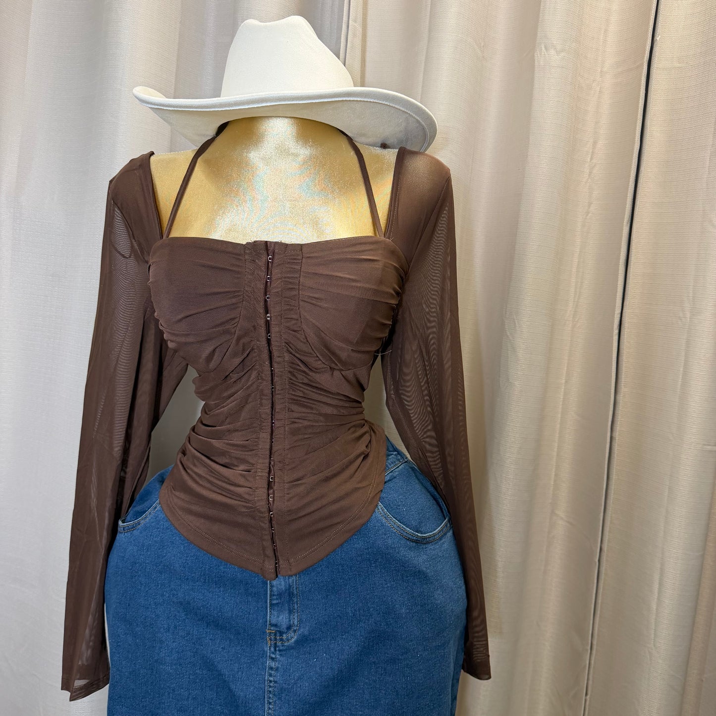 PL-Long Sleeve Corset Top-Brown