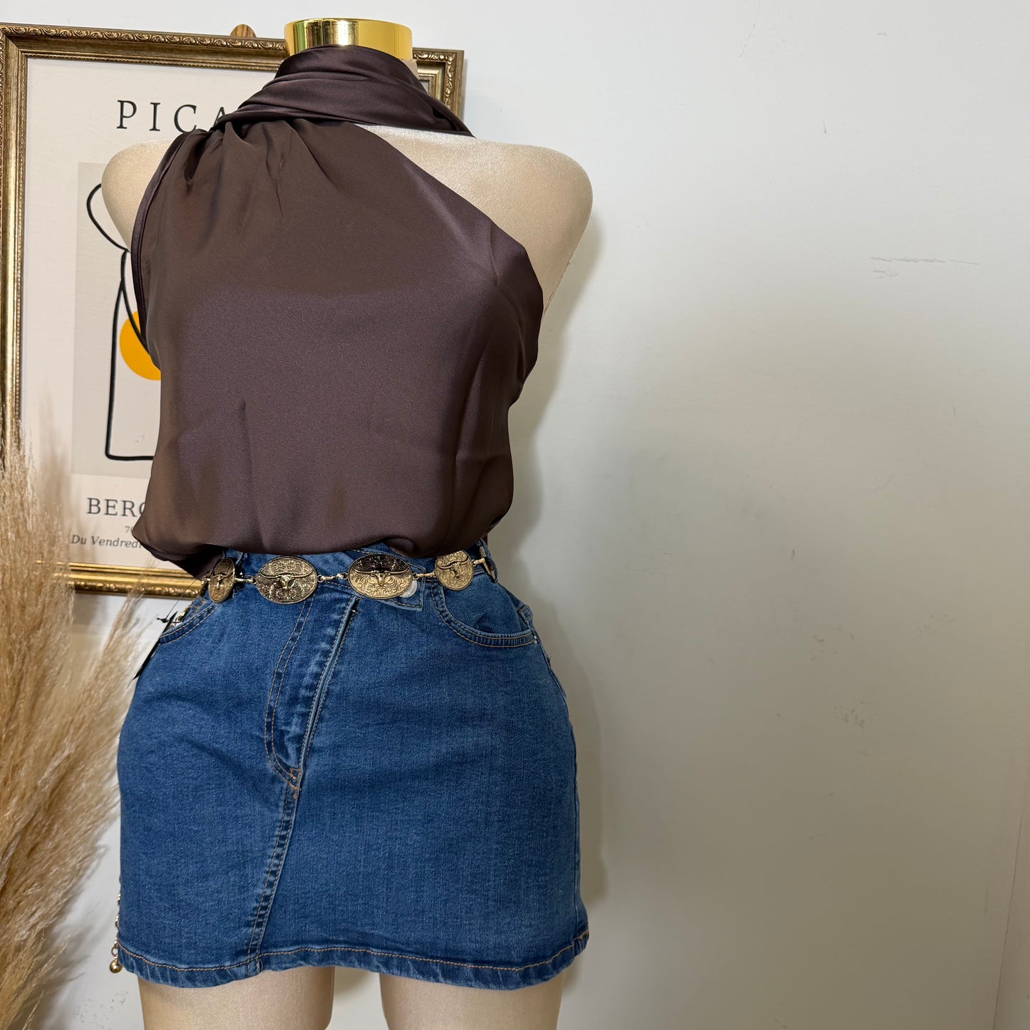 One Shoulder Satin Top w/ Scarf Detail-Brown