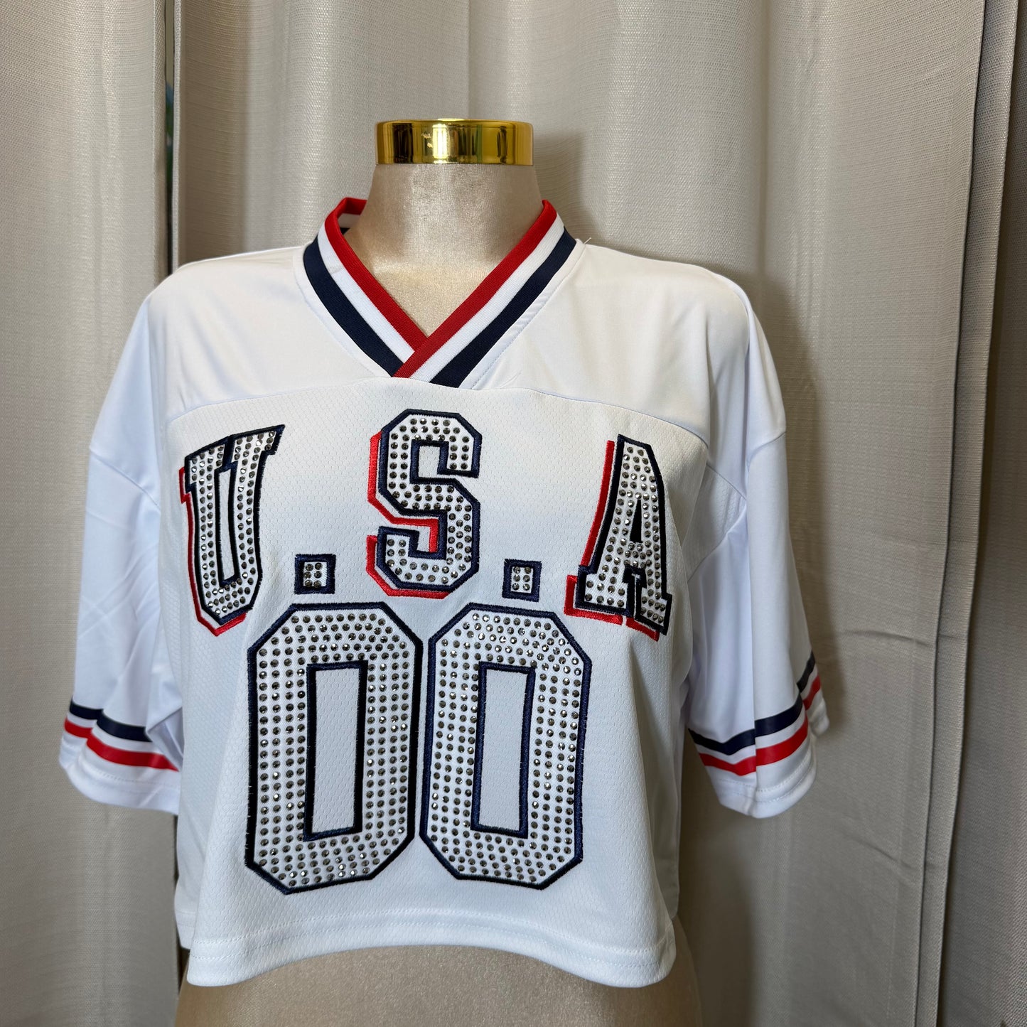USA Rhinestone Crop Top -White