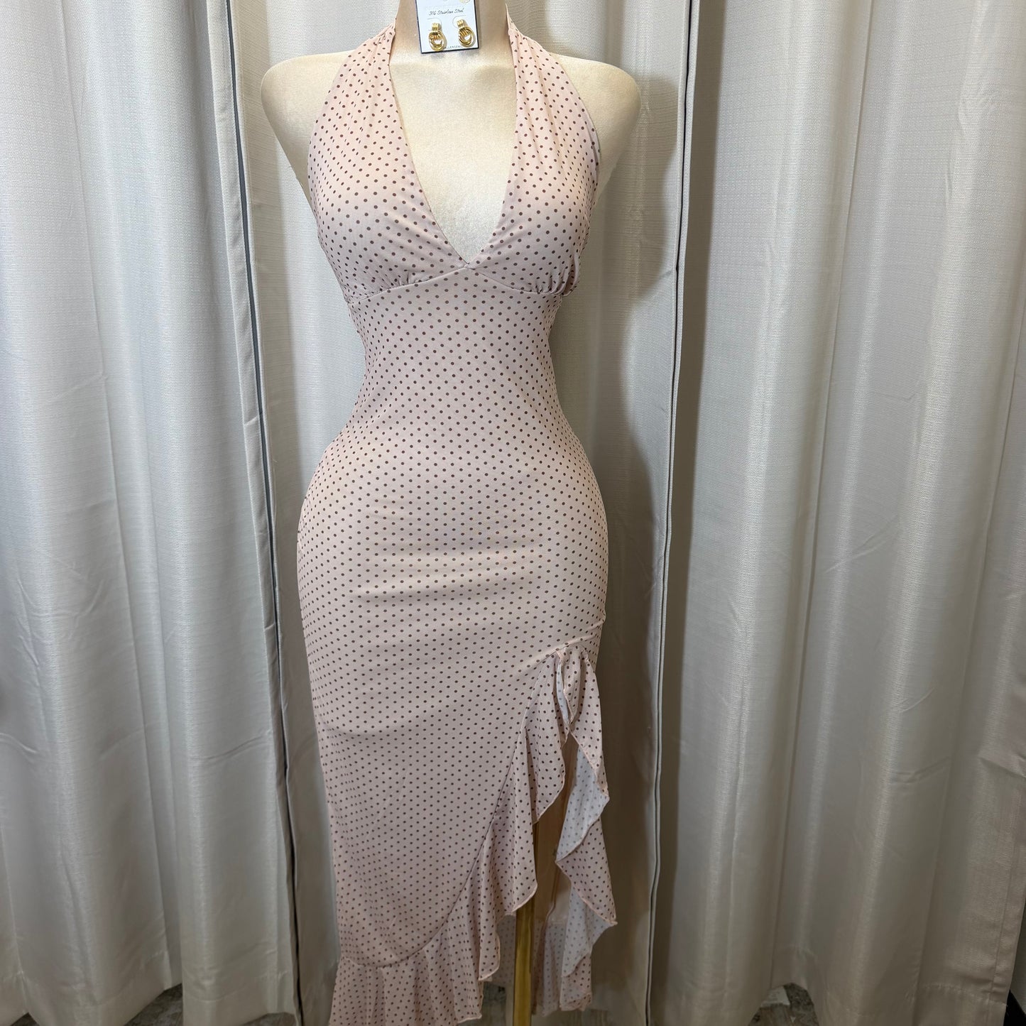Polka Dot Mesh Halter Maxi Dress-BEIGE