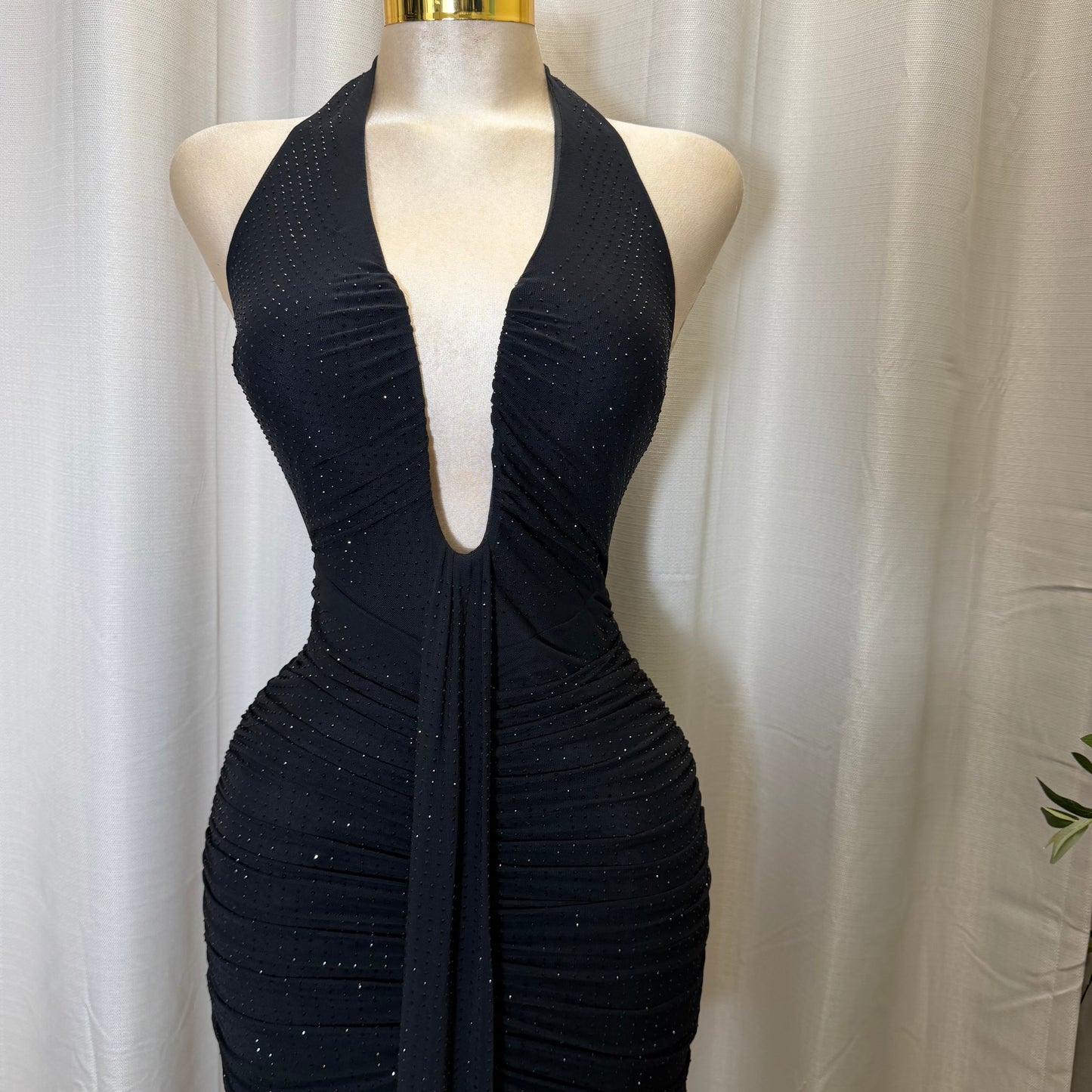 EMBELLISHED MESH COWL NECK MINI DRESS-Black
