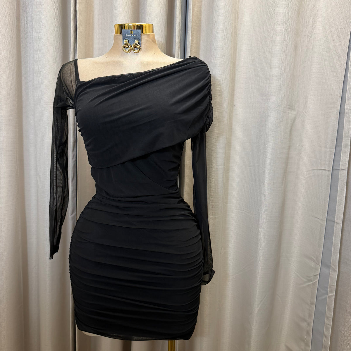 SHEERE MESH ASSYMMETRIC SHOULDER BODYCON MINI DRESS-Black