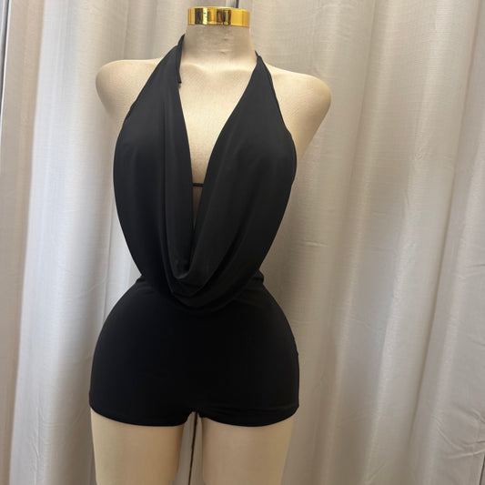 Sleeveless halter cowl Neck Romper-Black