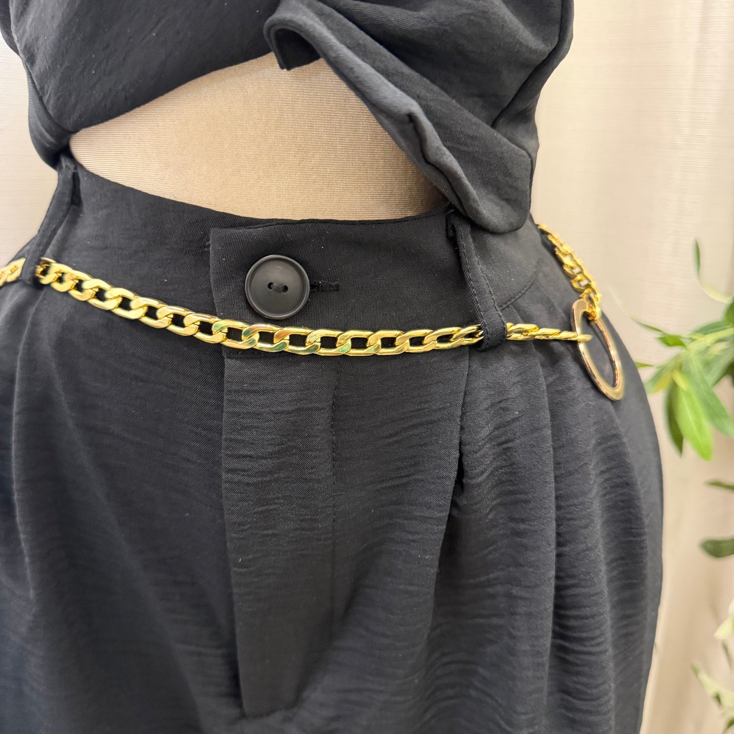 Front button Down Crop Top and Chain Belt Wide leg pant set-black