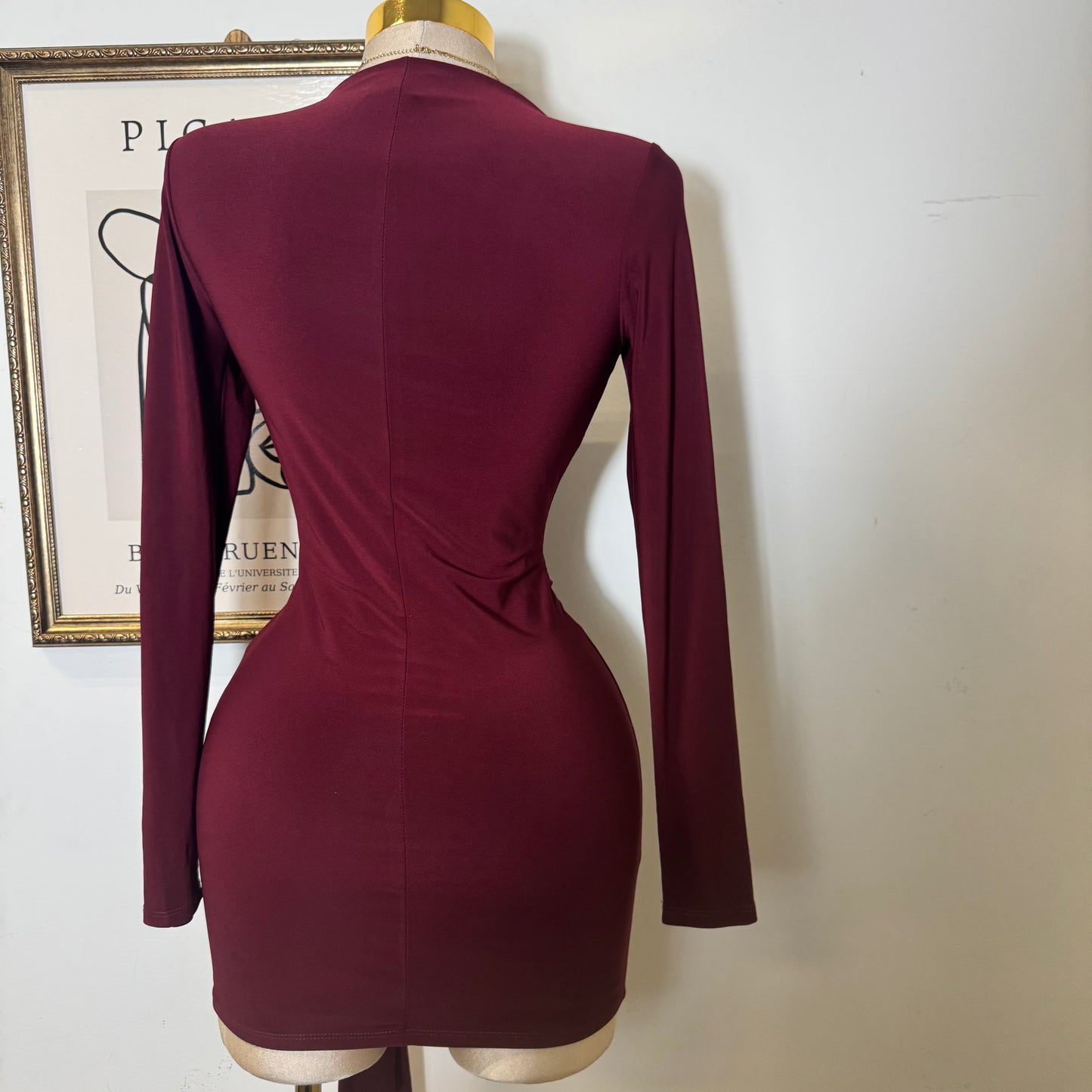Knit Mesh Mini Dress-Burgundy