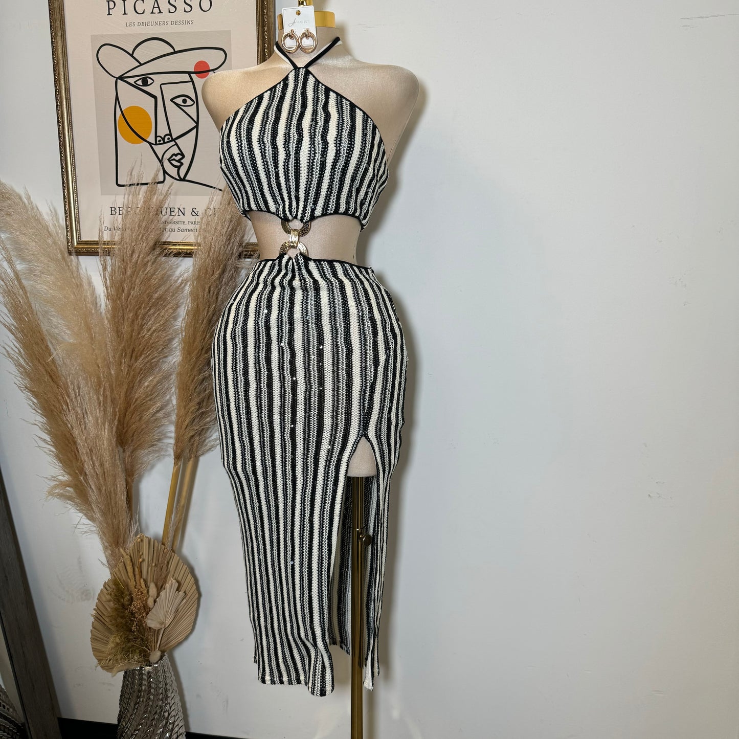 Solid Cut & Sew Knit Cut Out Waist Tie Neck Midi Dress-Black/Oat