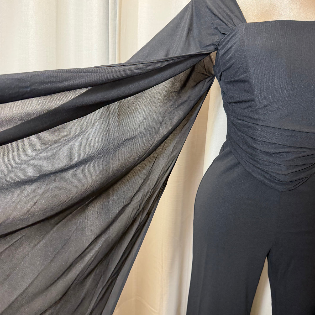 Mesh Cape Sleeve Corset Jumpsuit-Black