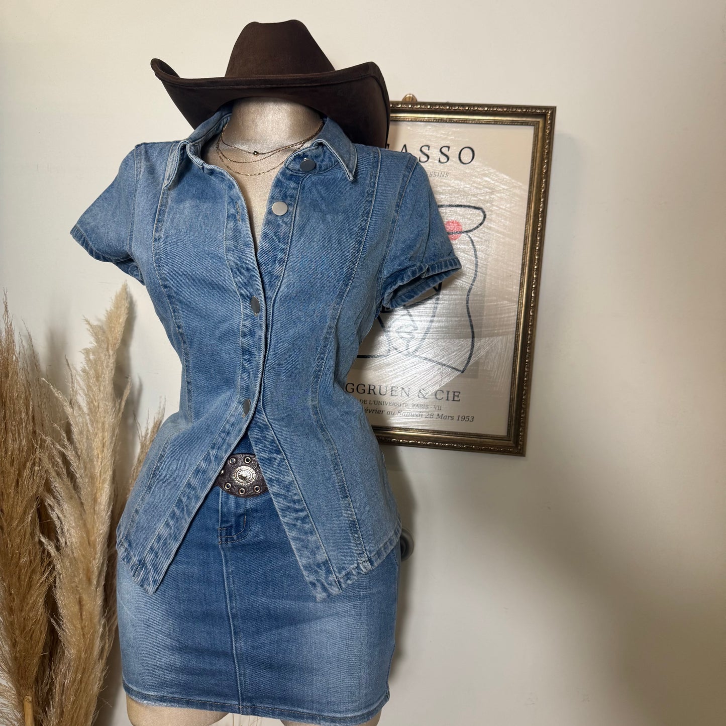 Short Sleeve Button Front Denim Top-Blue