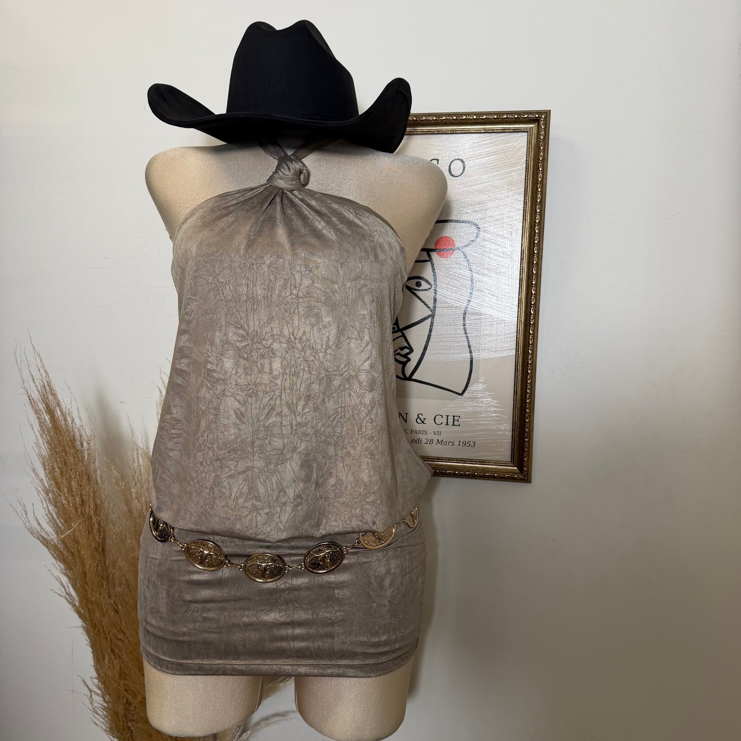 Knot Halter Blouson Bodycon Mini Dress-Mud