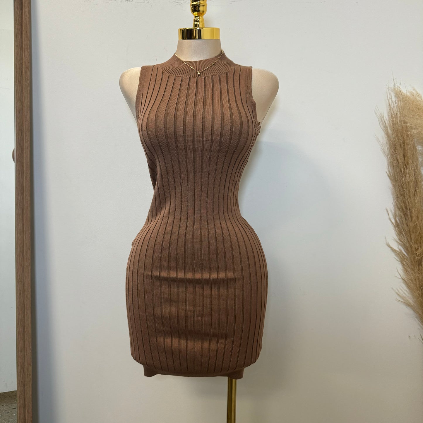 Turtle Neck Sleeveless Sweater Dress-Brown