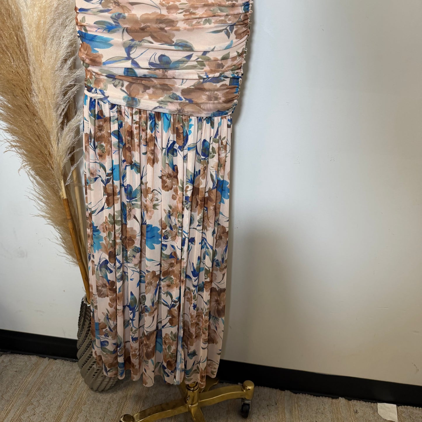 One Shoulder Mesh Maxi Dress-Brown
