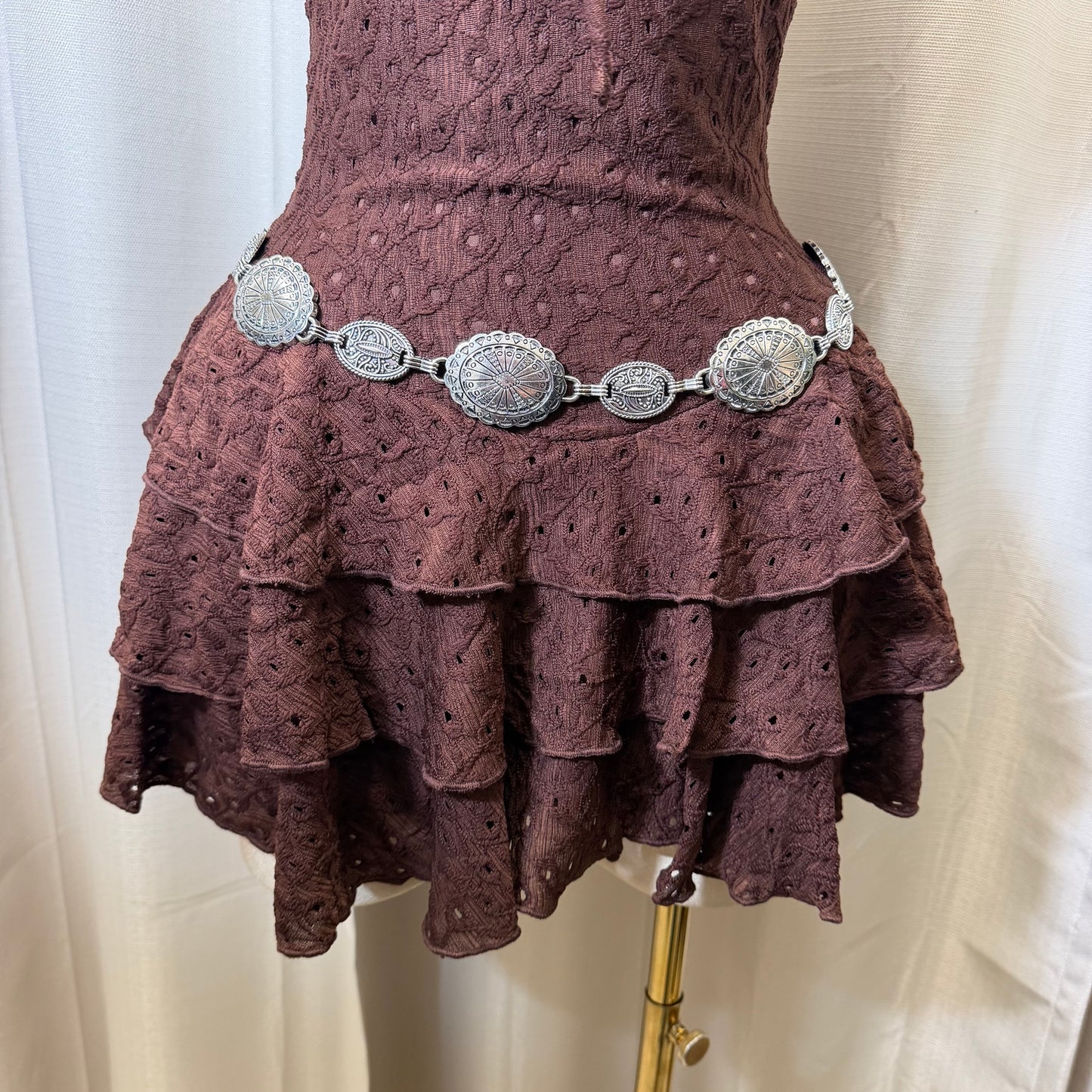 Eyelet halter neck Tiered Ruffle Mini Dress-Brown