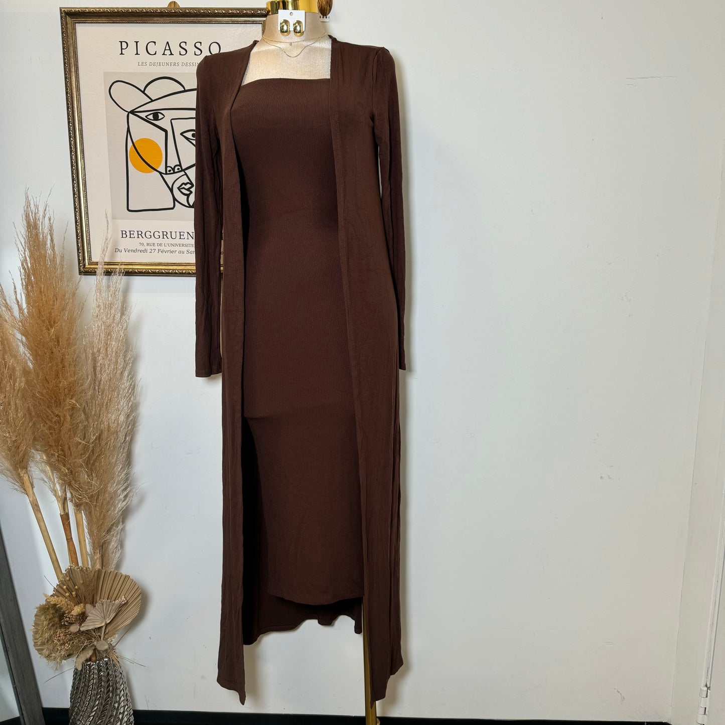Strapless Ribbes Dress with Cardigan-Brown
