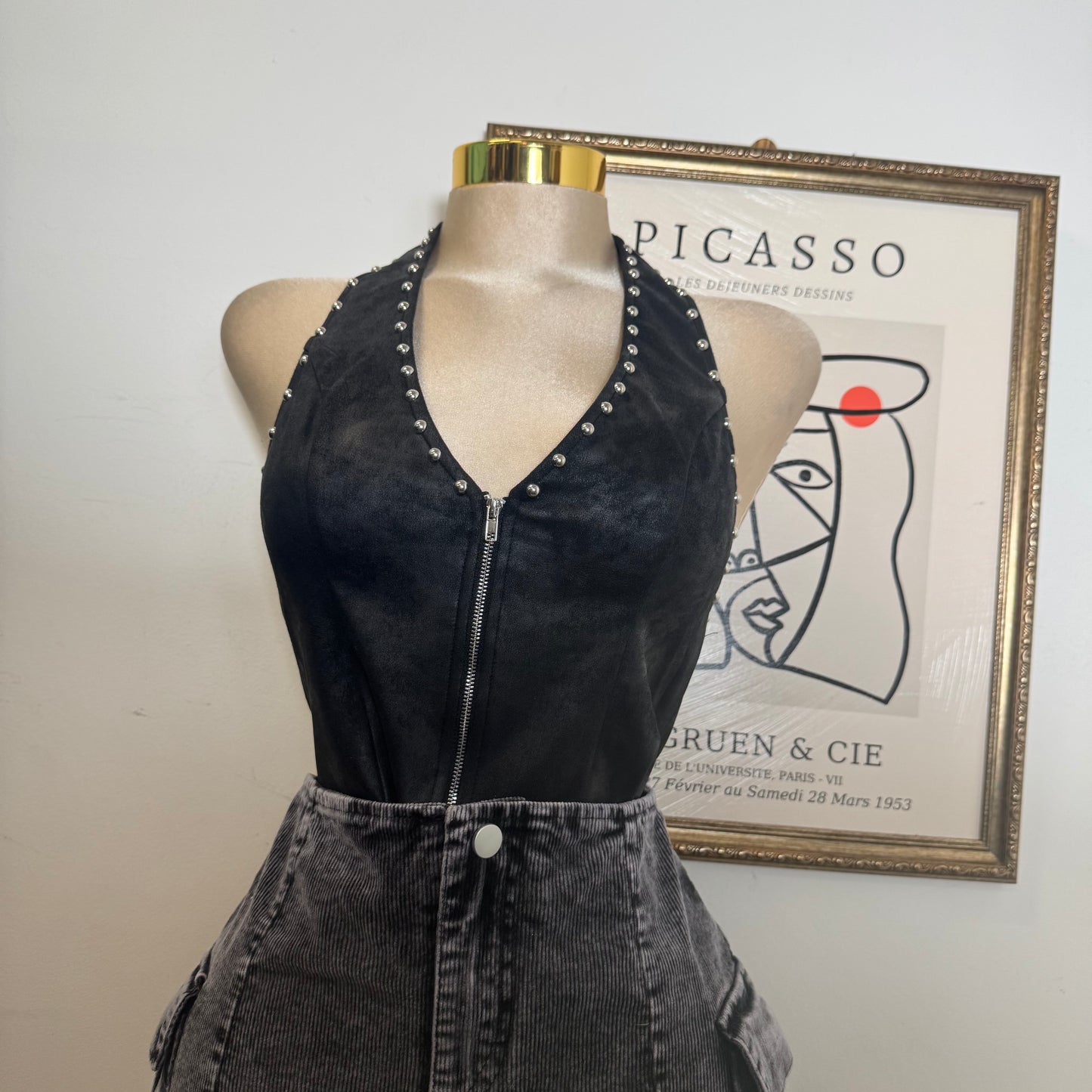 Zipper Front Suede Top-Black